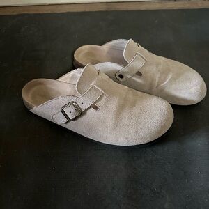 Beige Suede Buckle Clogs